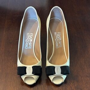 Salvatore Ferragamo Patent Cream and Black Heels